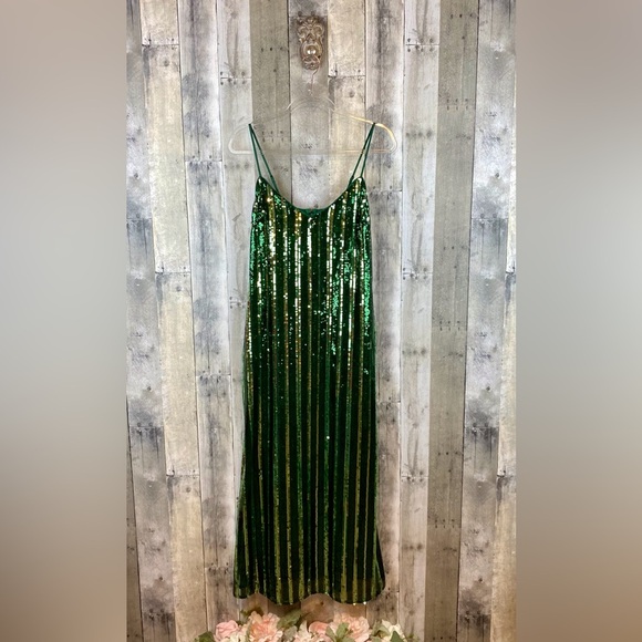NWT Maeve Sleeveless Sequin Stripe Midi Dress in Green Size Medium. - Picture 3 of 16
